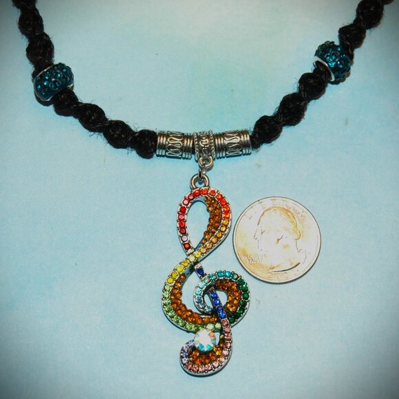 Multi-Color Rhinestone Musician's Treble Clef on a 22" Handmade Black Hemp - Picture 4 of 6